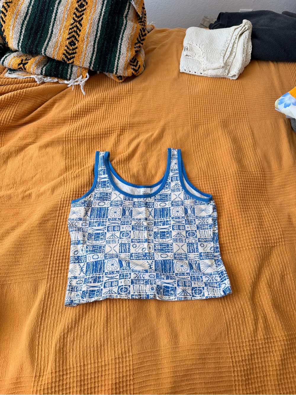 Blue & White Patterned Crop Tank Top